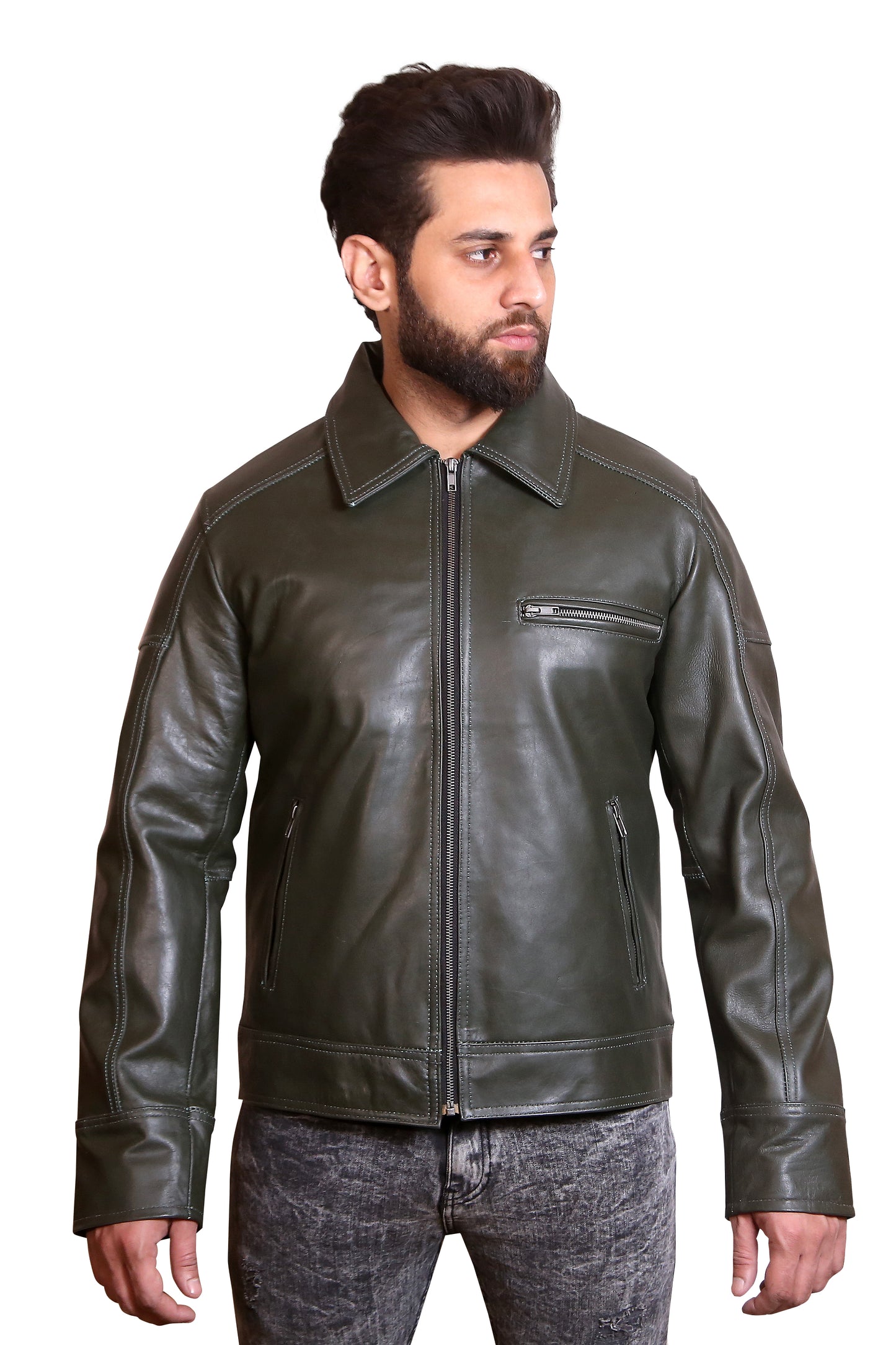 Men Green Leather Bomber Jacket