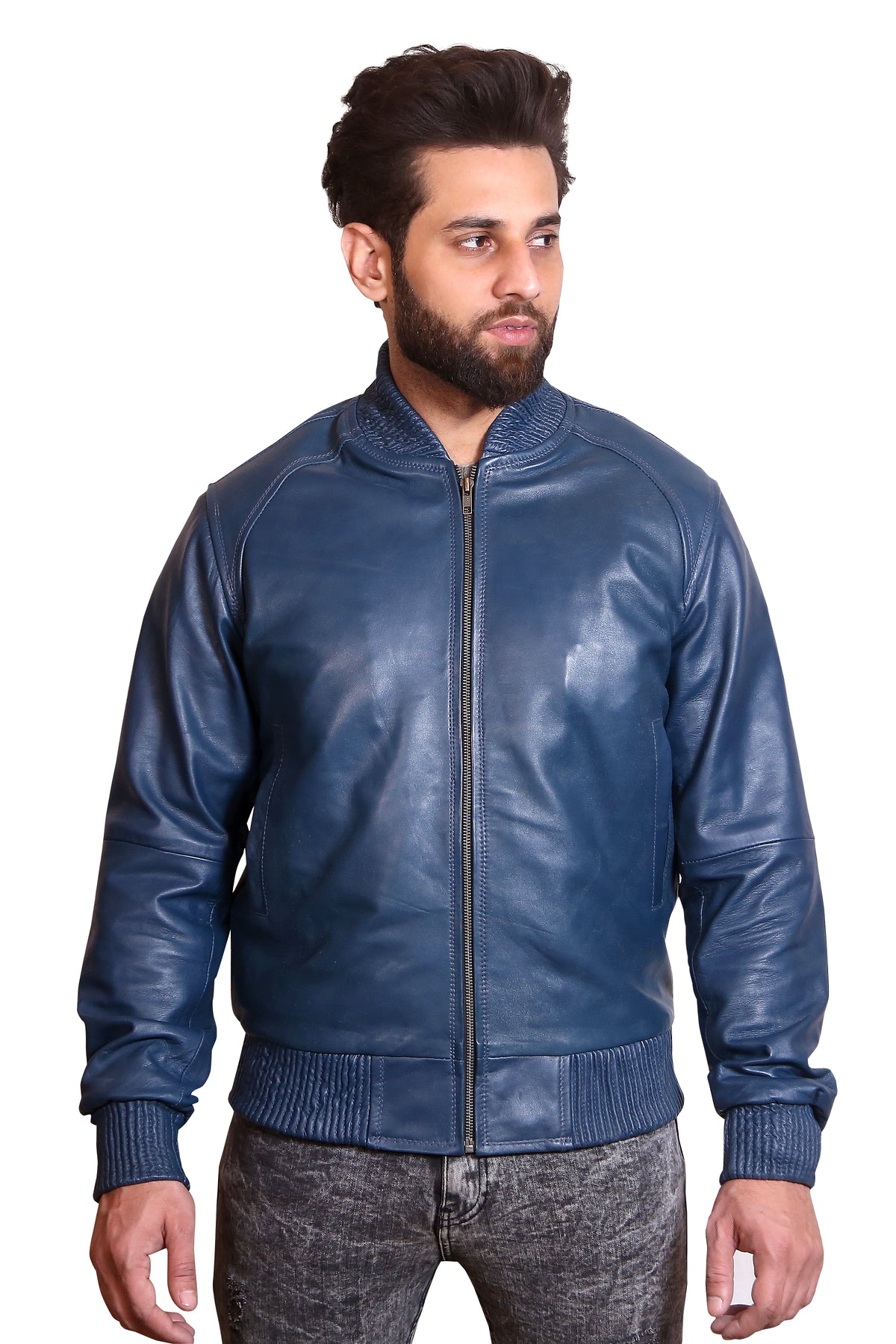 Men's Blue Leather Bomber Jacket