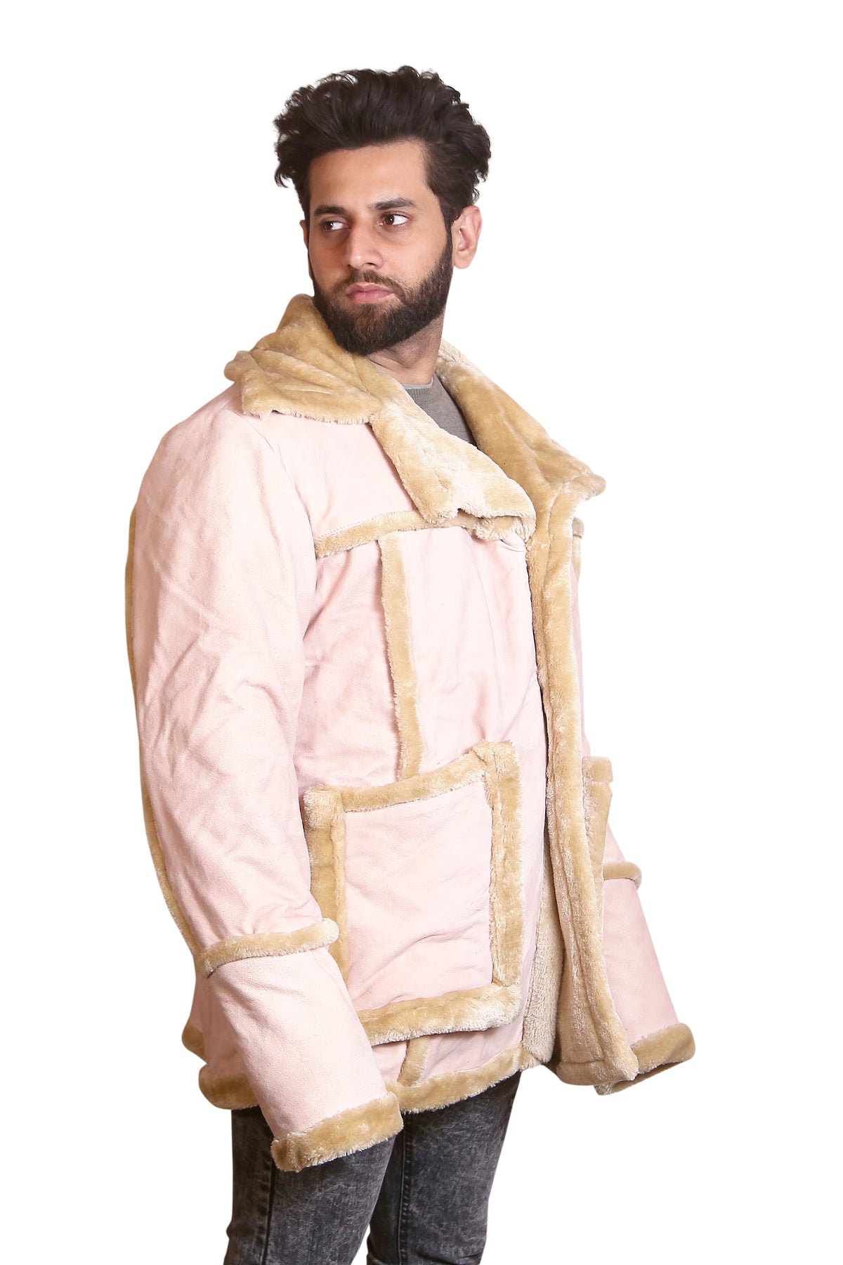 Men’s Pink Shearling Jacket Suede Look Winter Aviator Coat