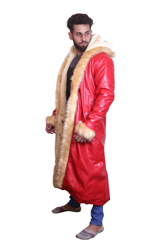 Men’s Red Santa Claus Long Coat Hood Christmas Costume