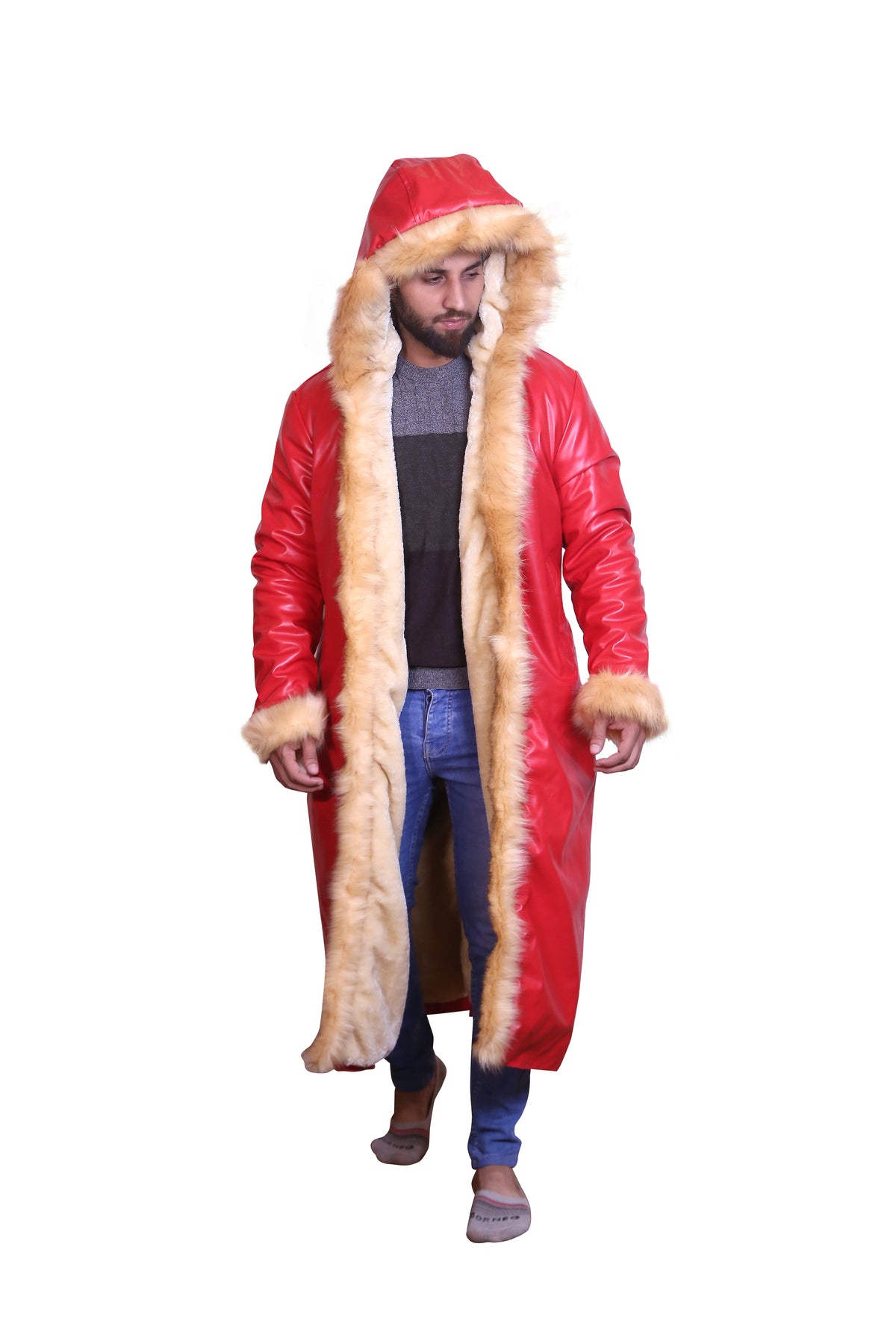 Men’s Red Santa Claus Long Coat Hood Christmas Costume