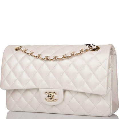 Chanel White Iridescent Quilted Lambskin Medium Classic Double Flap Bag Light Gold Hardware