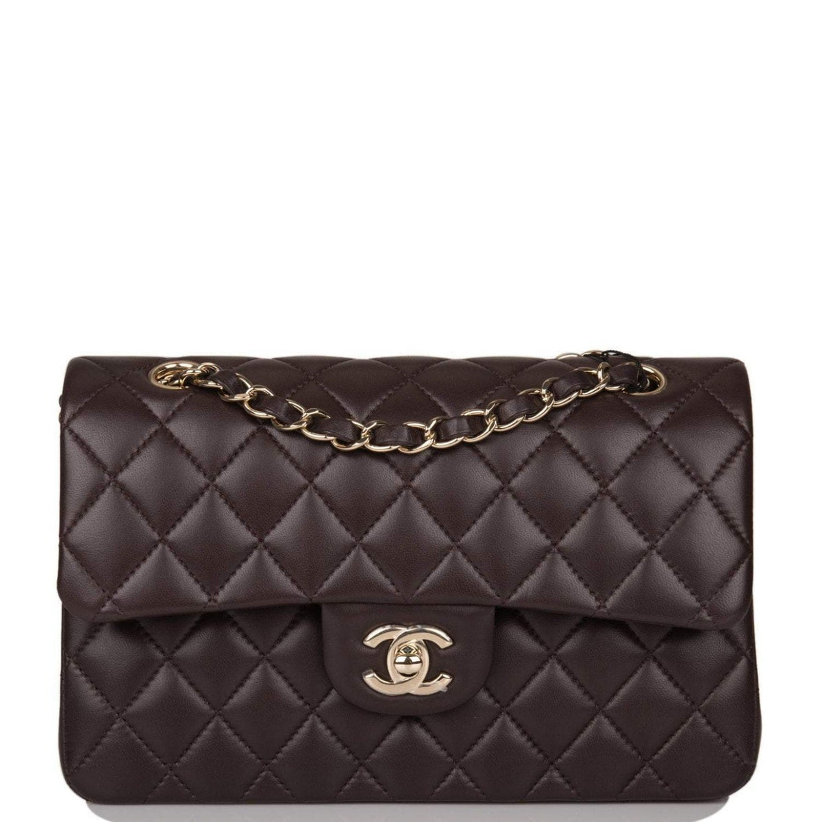 Chanel Small Classic Double Flap Bag Dark Brown Lambskin Light Gold Hardware