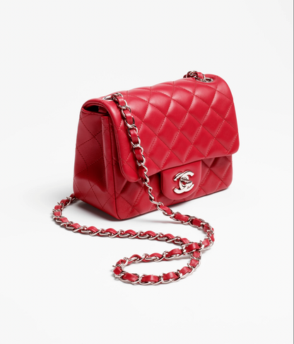 Chanel Red Lambskin & Silver-Tone Metal Lambskin Mini Flap Bag