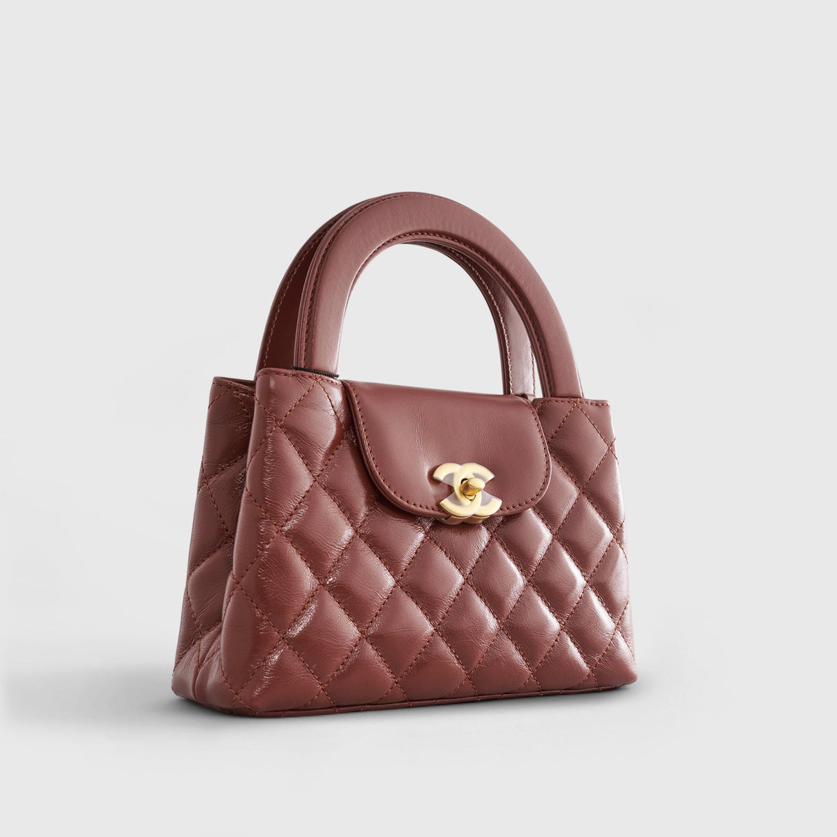 Chanel Shopping Bag Mini Shiny Calfskin Brown Gold Hardware