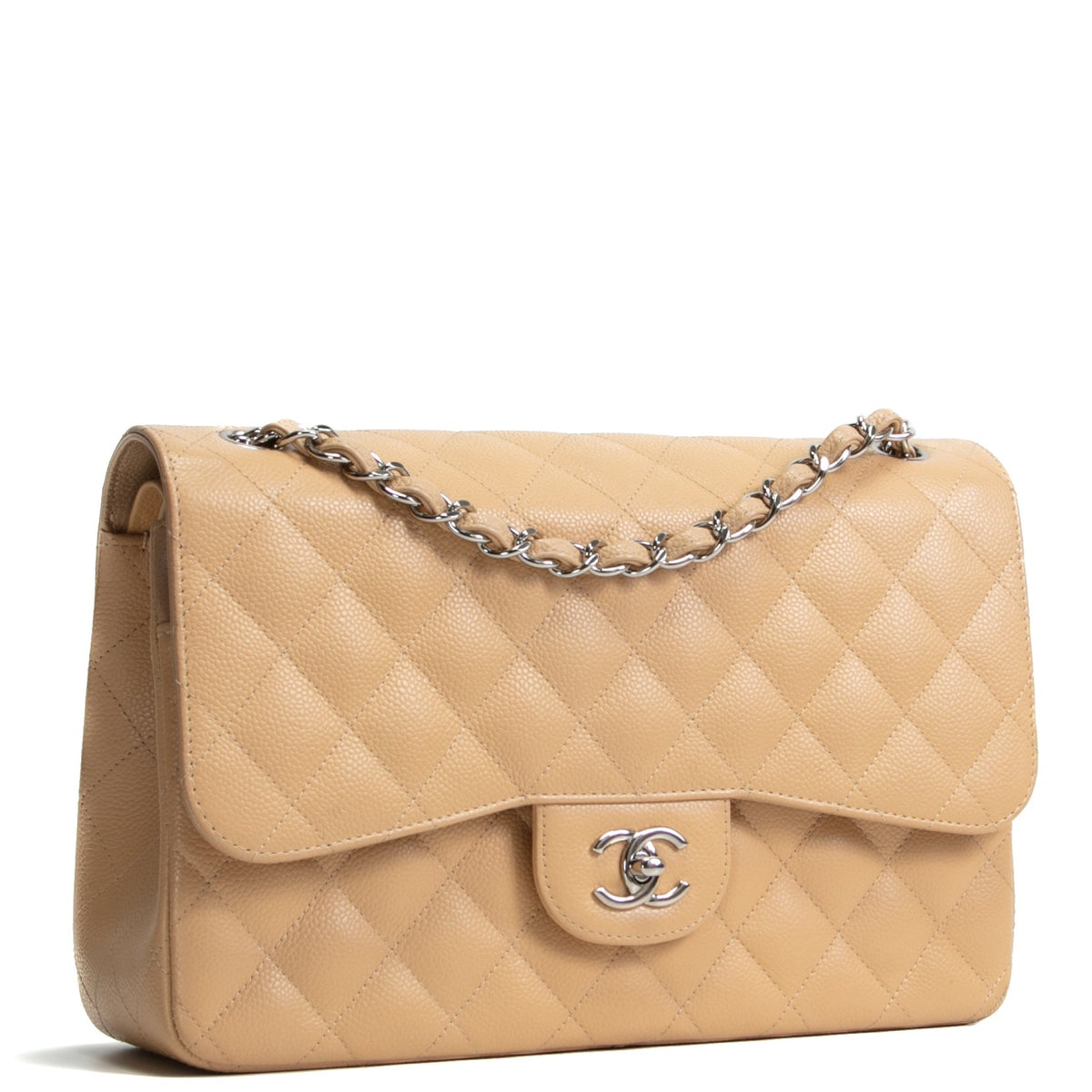 CHANEL Classic Jumbo Double Flap Quilted Caviar - Beige