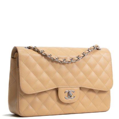 CHANEL Classic Jumbo Double Flap Quilted Caviar - Beige