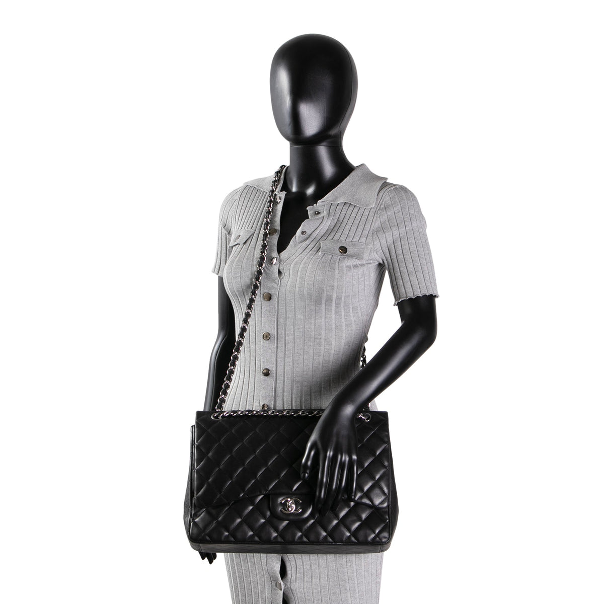 CHANEL Maxi Single Flap Quilted Lambskin- Black