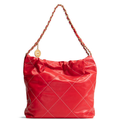 CHANEL 22 Shiny Quilted Calfskin Small Hobo - Red