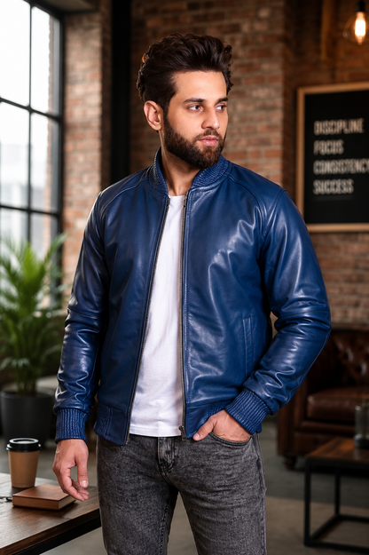 Men's Blue Leather Bomber Jacket