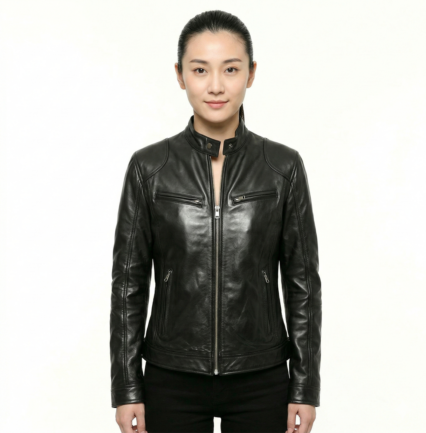 Women’s Black Leather Jacket, Cafe Racer Biker Jacket