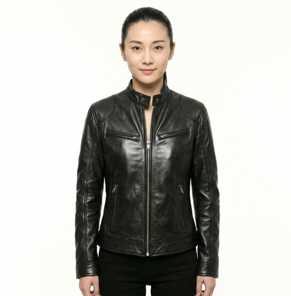 Women’s Black Leather Jacket, Cafe Racer Biker Jacket