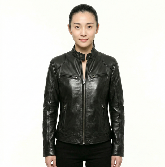Women’s Black Leather Jacket, Cafe Racer Biker Jacket