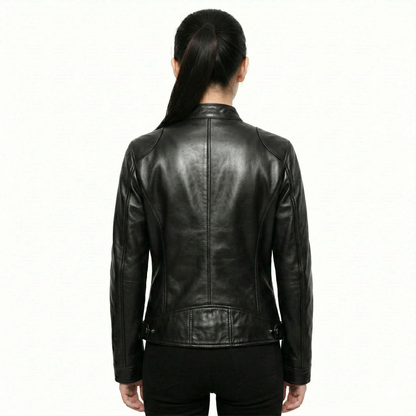 Women’s Black Leather Jacket, Cafe Racer Biker Jacket