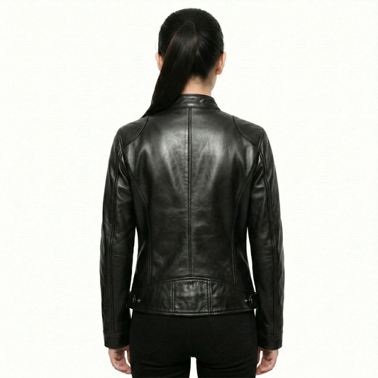 Women’s Black Leather Jacket, Cafe Racer Biker Jacket