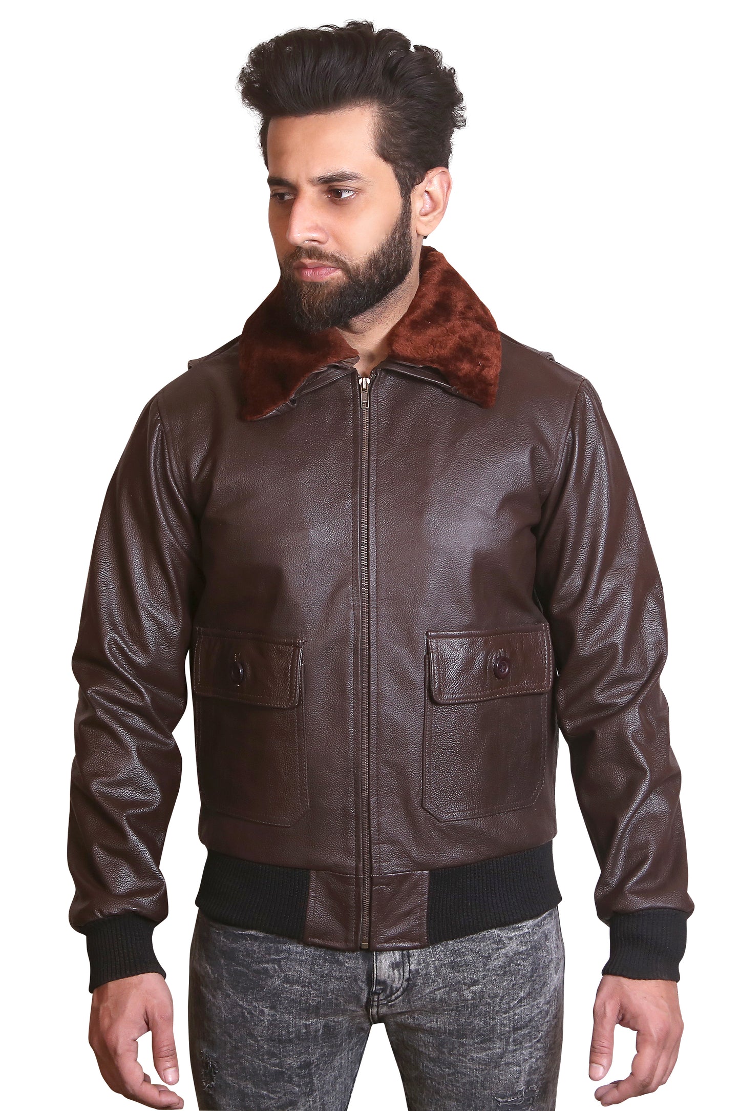 Brown Aviator Bomber Jacket Fur Collar Winter Coat