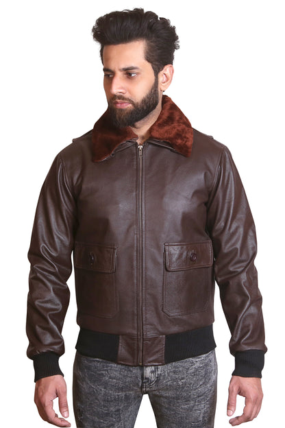 Brown Aviator Bomber Jacket Fur Collar Winter Coat