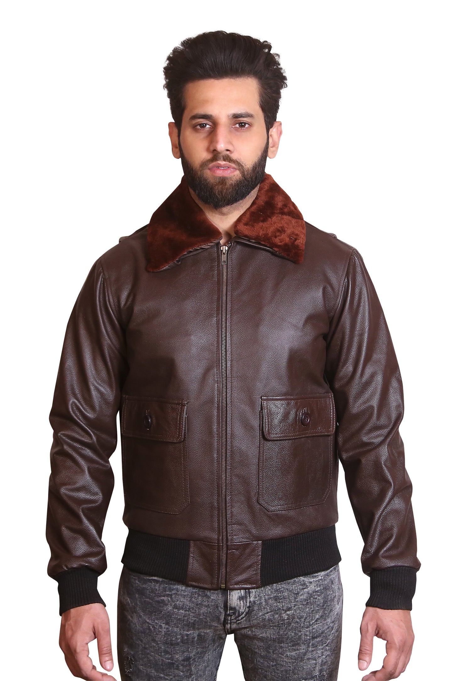 Brown Aviator Bomber Jacket Fur Collar Winter Coat
