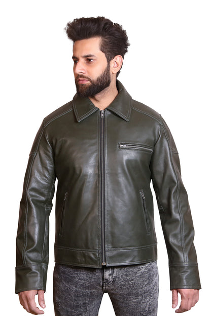 Men Green Leather Bomber Jacket