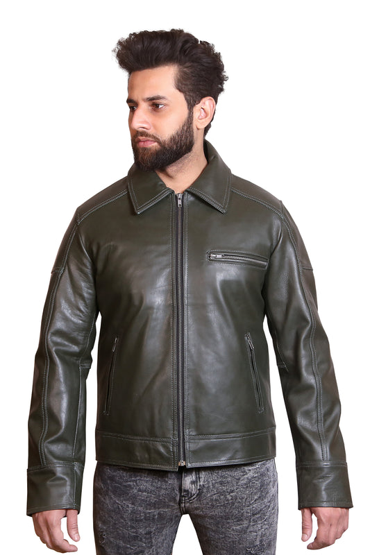 Men Green Leather Bomber Jacket