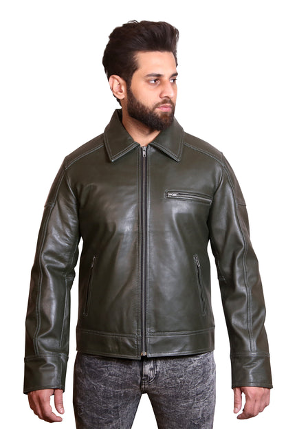 Men Green Leather Bomber Jacket