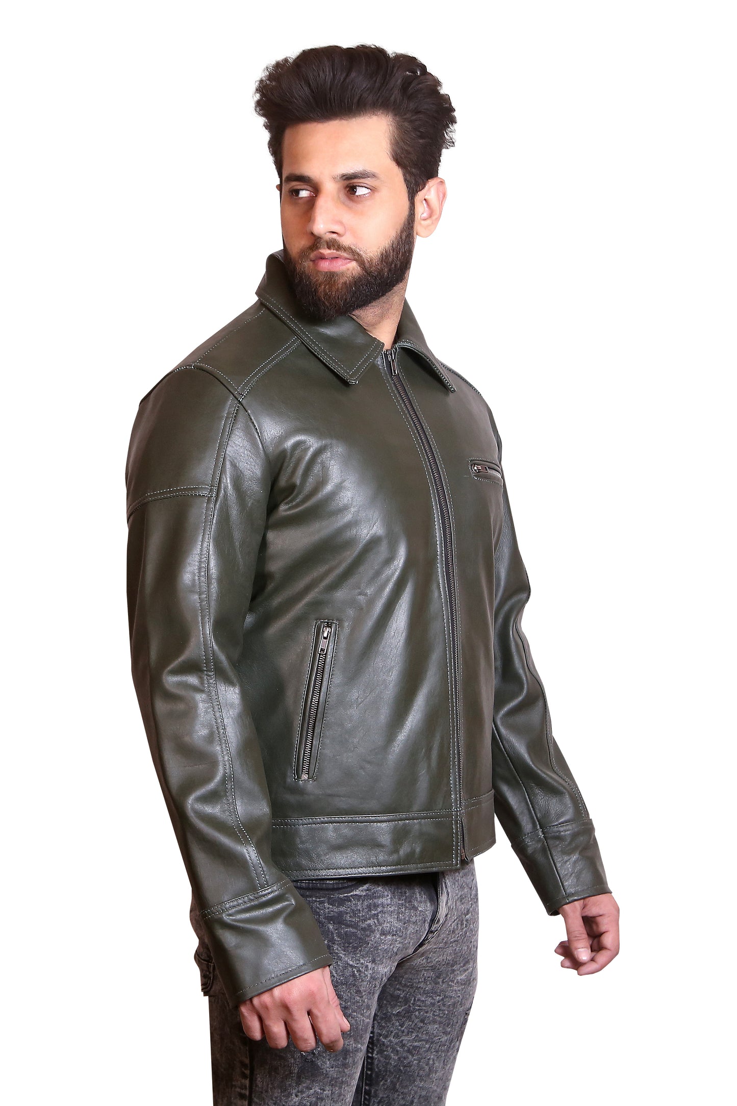 Men Green Leather Bomber Jacket