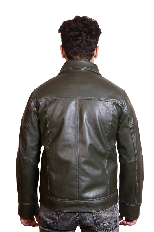 Men Green Leather Bomber Jacket