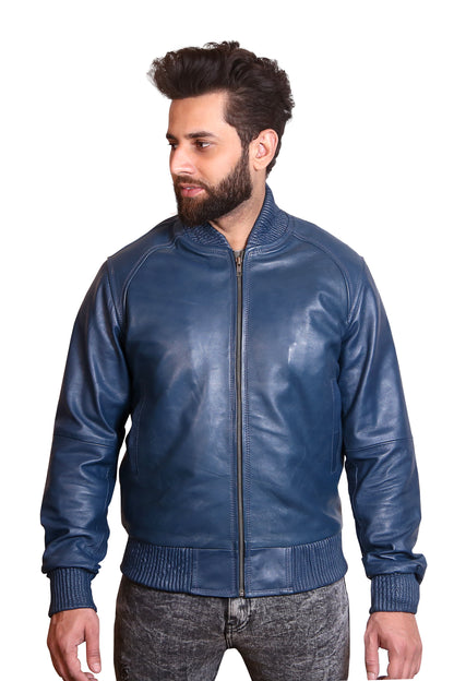 Men's Blue Leather Bomber Jacket