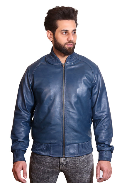 Men's Blue Leather Bomber Jacket