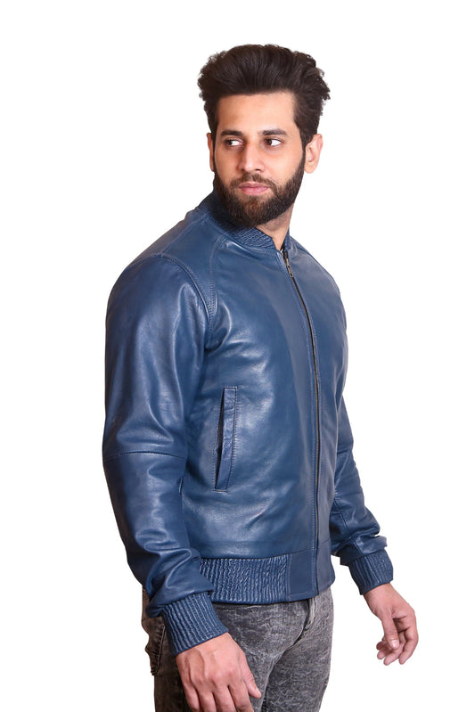 Men's Blue Leather Bomber Jacket
