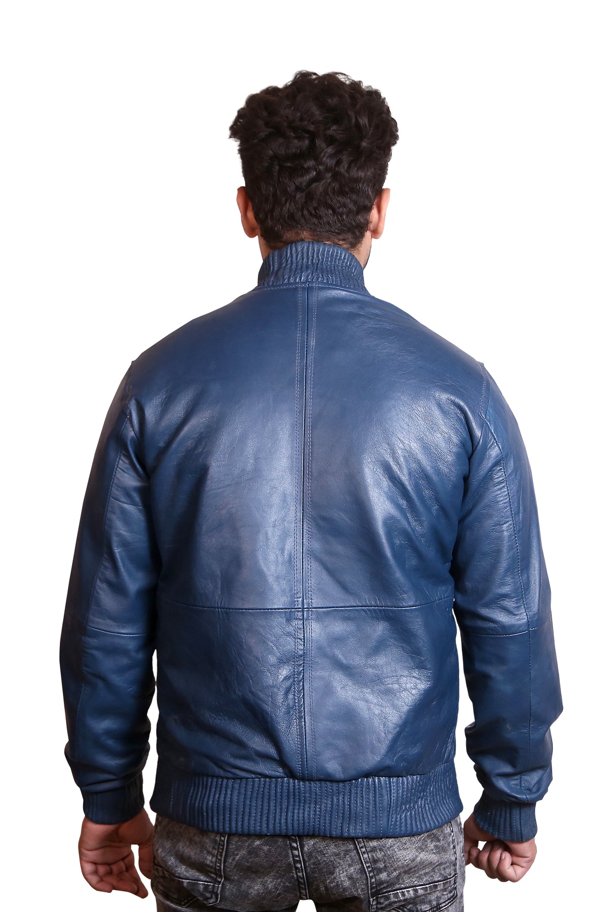 Men's Blue Leather Bomber Jacket