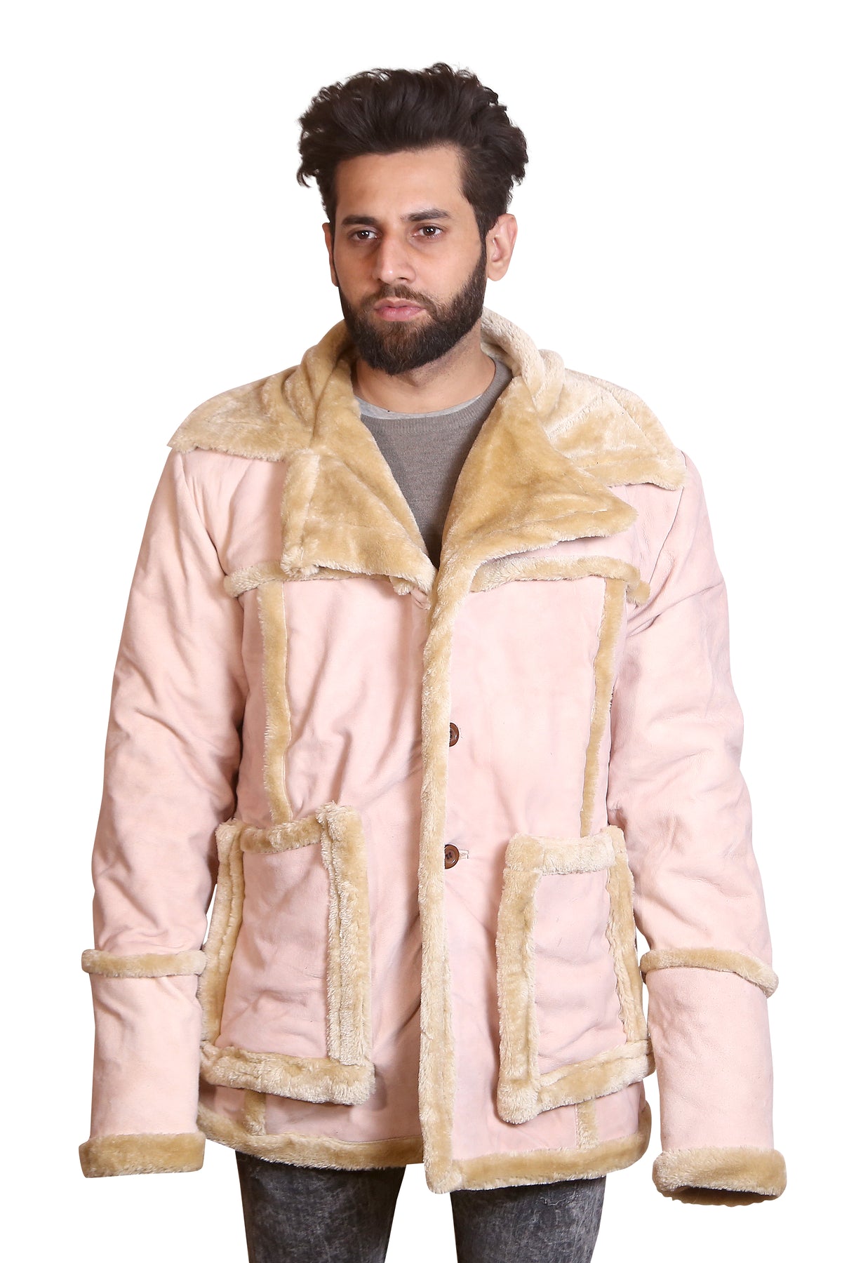 Men’s Pink Shearling Jacket Suede Look Winter Aviator Coat