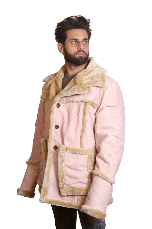 Men’s Pink Shearling Jacket Suede Look Winter Aviator Coat