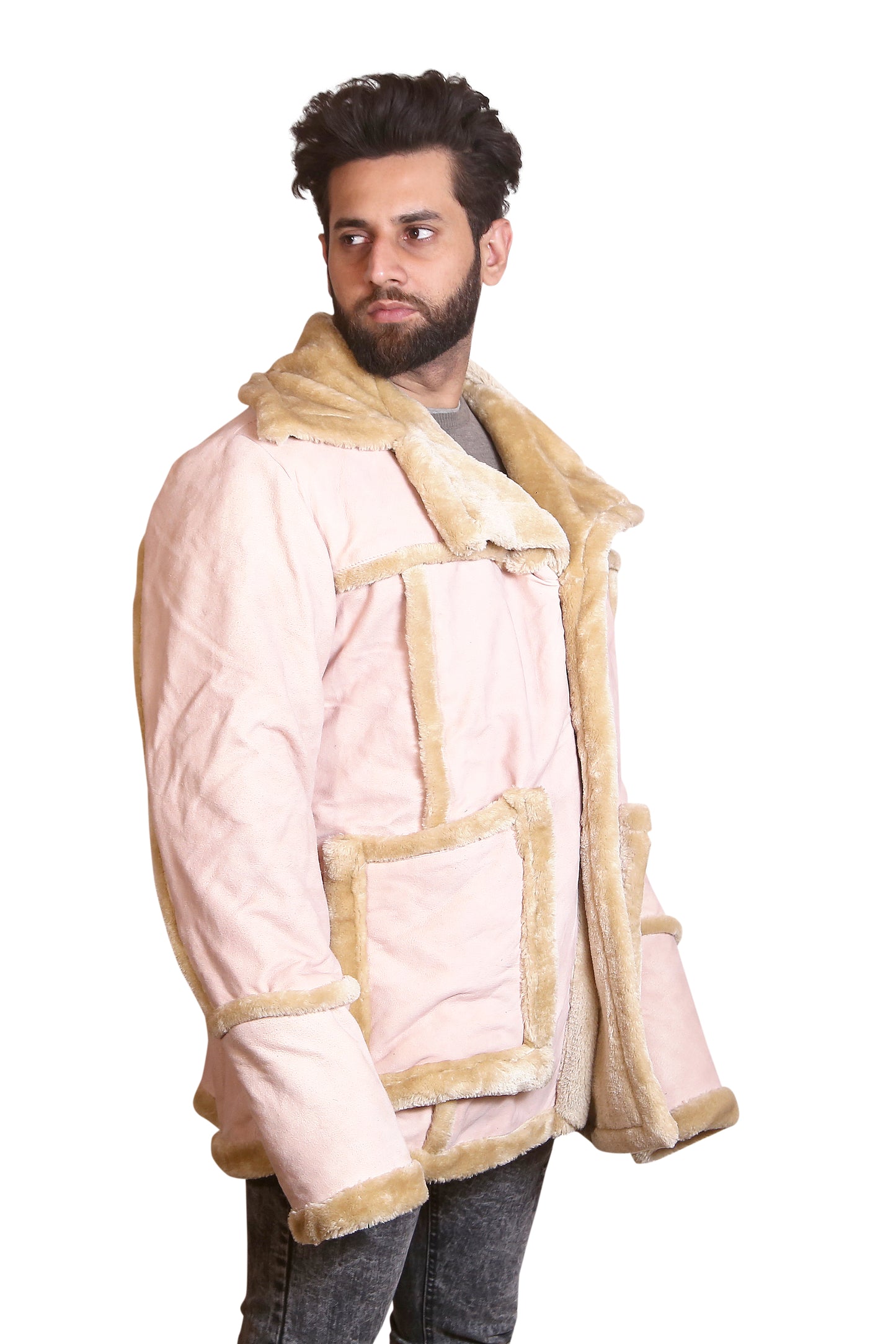 Men’s Pink Shearling Jacket Suede Look Winter Aviator Coat