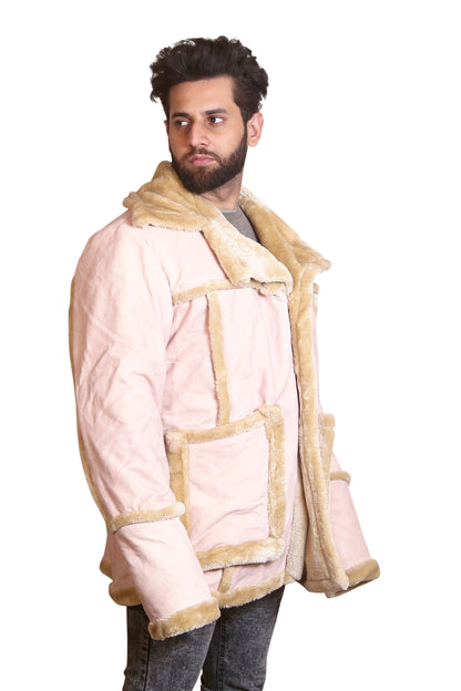 Men’s Pink Shearling Jacket Suede Look Winter Aviator Coat