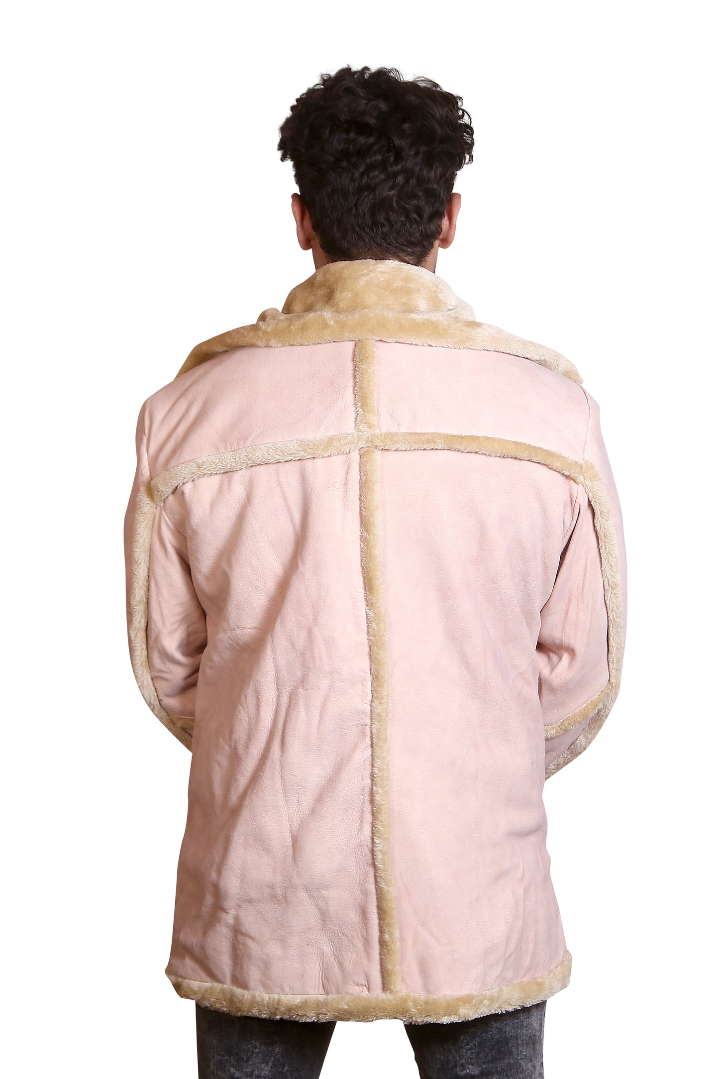Men’s Pink Shearling Jacket Suede Look Winter Aviator Coat