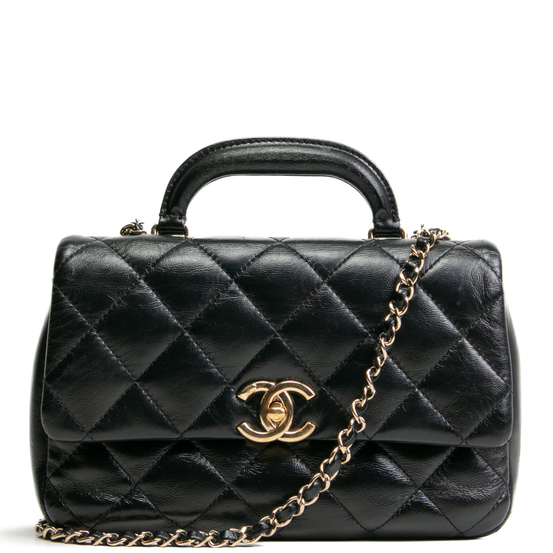 CHANEL Quilted Crinkled Leather Coco Top Handle Flap Bag - Black