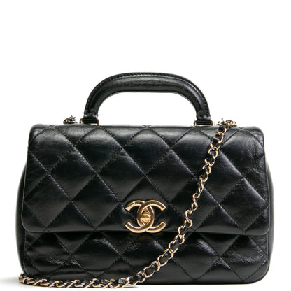 CHANEL Quilted Crinkled Leather Coco Top Handle Flap Bag - Black
