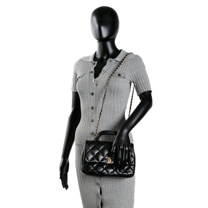 CHANEL Quilted Crinkled Leather Coco Top Handle Flap Bag - Black