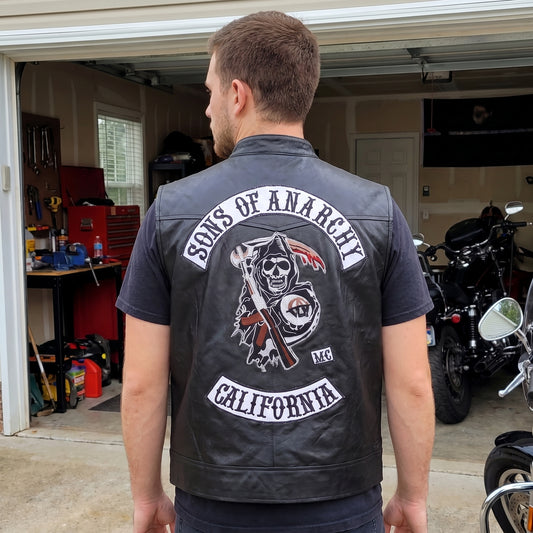 Jax Teller Sons of Anarchy black leather vest with SAMCRO patches inspired by Charlie Hunnam