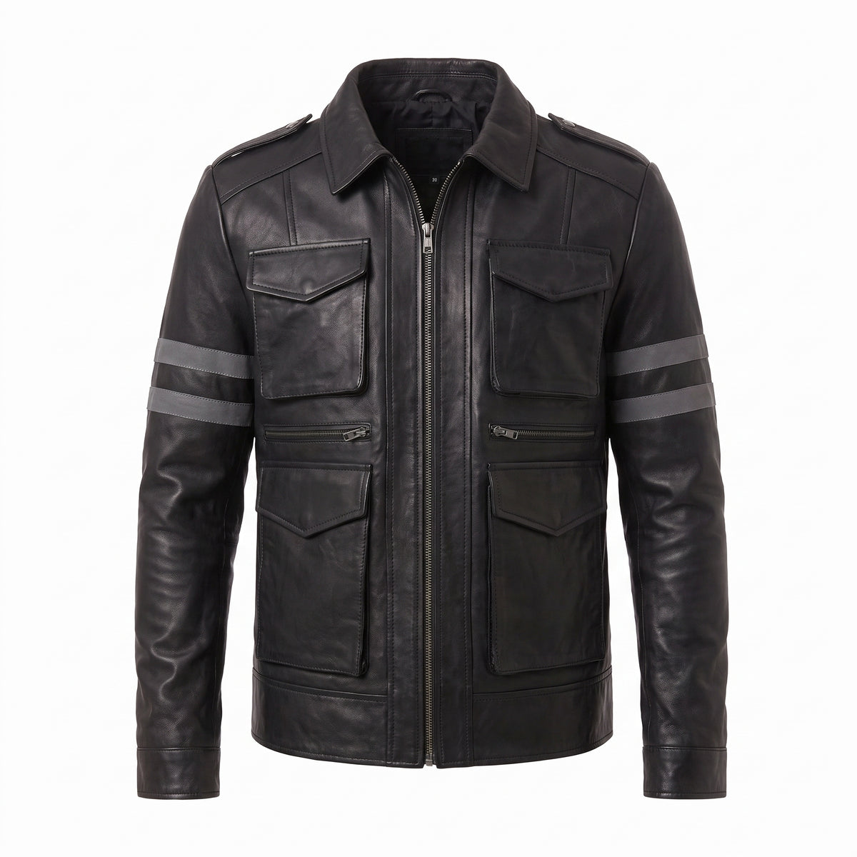 Leon Kennedy Resident Evil 6 black leather jacket with grey sleeve stripes and tactical pocket detailing
