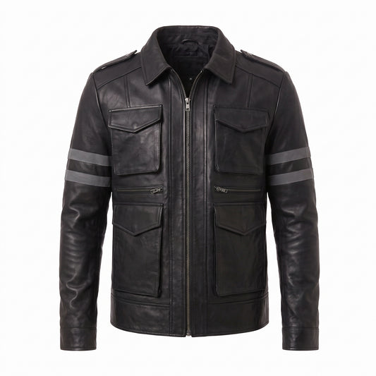 Leon Kennedy Resident Evil 6 black leather jacket with grey sleeve stripes and tactical pocket detailing