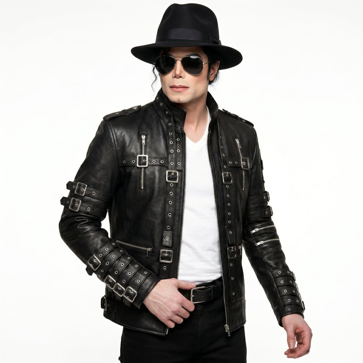 Michael Jackson inspired black leather biker jacket with buckle straps and silver hardware