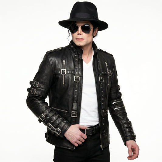 Michael Jackson inspired black leather biker jacket with buckle straps and silver hardware