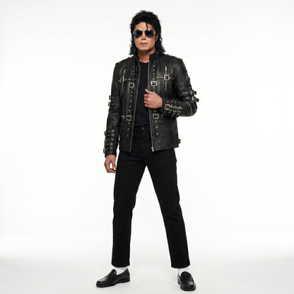 Michael Jackson Metal Rock Concert Black Leather Jacket