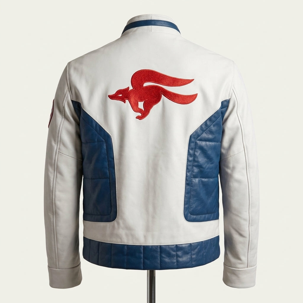 Star Fox Fox McCloud white and navy leather bomber jacket with red logo on back