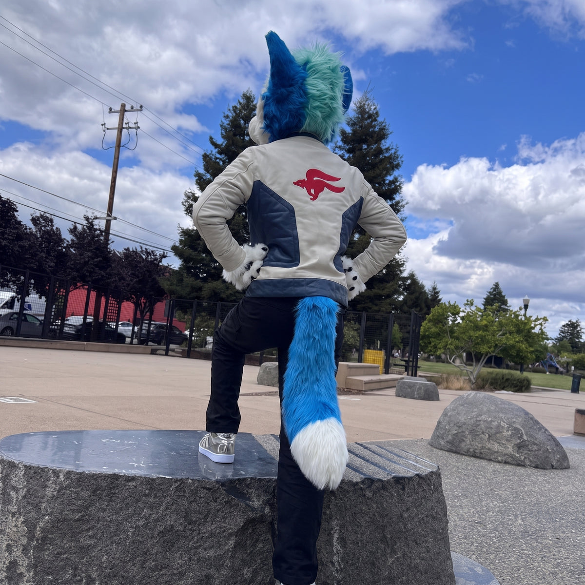 Star Fox Fox McCloud white and navy leather bomber jacket with red logo on back