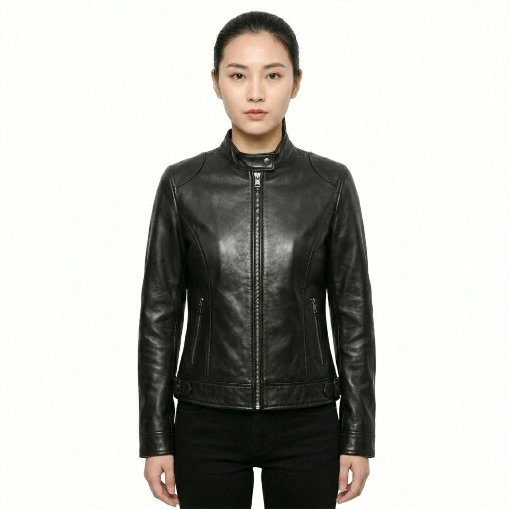 Women’s Black Leather Jacket, Cafe Racer Biker Jacket
