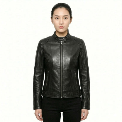 Women’s Black Leather Jacket, Cafe Racer Biker Jacket